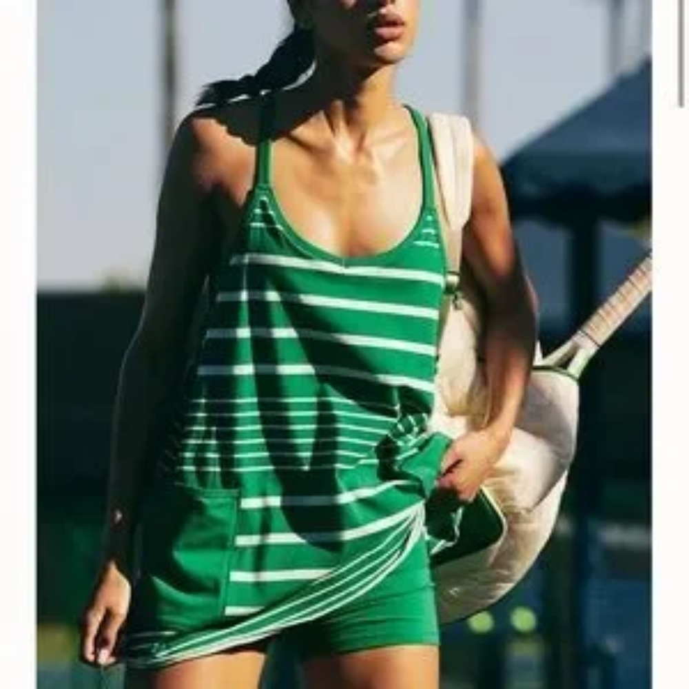 Free People Movement Hot Shot Printed Mini Dress in Spring Stripe Green